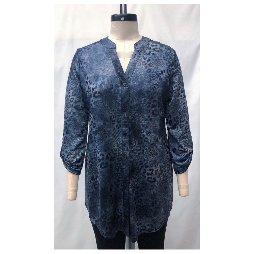 Chico's Blue Snake Print Roll Tab Blouse